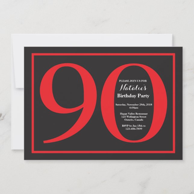 Invitación Cartel rojo y negro de cumpleaños número 90 (Anverso)