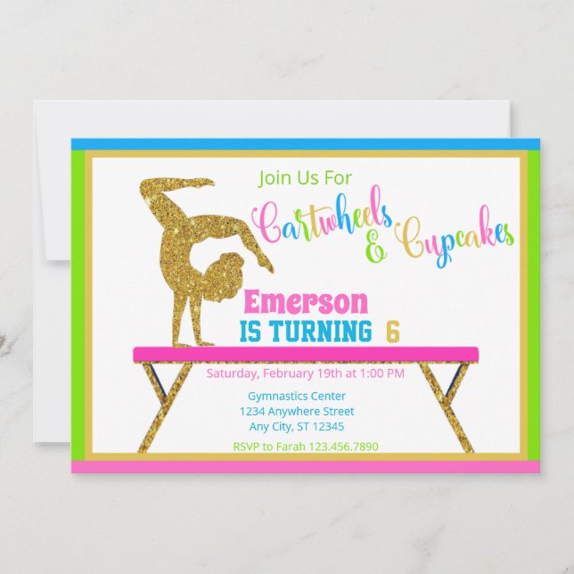 Invitación Carteles y copos Gimnasia Fiesta de cumpleaños (Anverso)