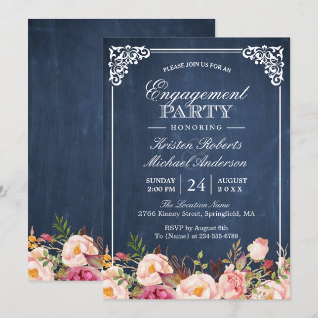 Invitación Cartón azul rosado floral del partido de compromis (Anverso / Reverso)