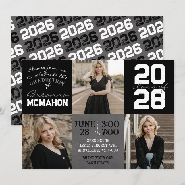 Invitación Cartón blanco y negro 3 Graduación de fotos (Anverso / Reverso)