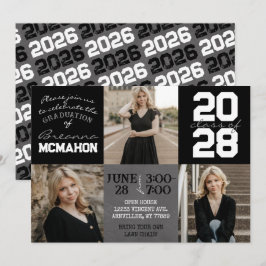 Invitación Cartón blanco y negro 3 Graduación de fotos