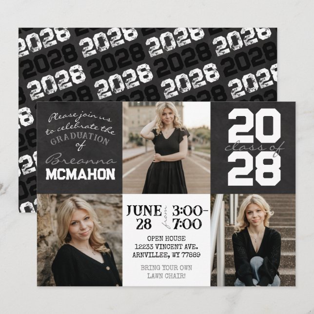 Invitación Cartón blanco y negro 3 Graduación fotográfica (Anverso / Reverso)