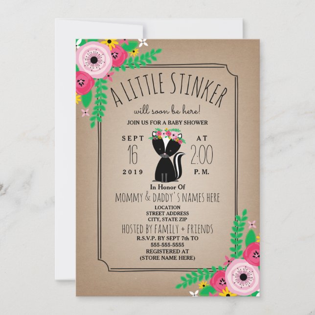 Invitación Cartucho floral Boho Skunk Inspirado en Baby Showe (Anverso)