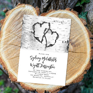 Invitación Carved Hearts White Birch Bark Wedding