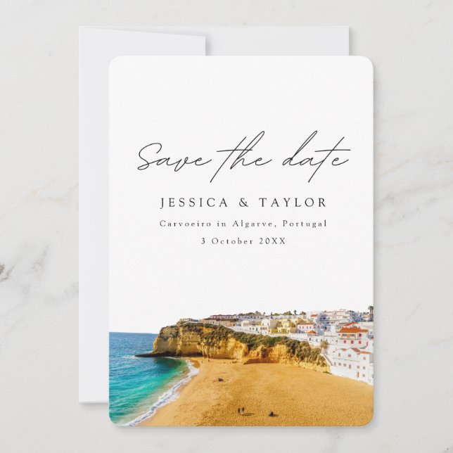 Invitación Carvoeiro en Algarve Portugal Foto Guardar la Fech (Anverso)