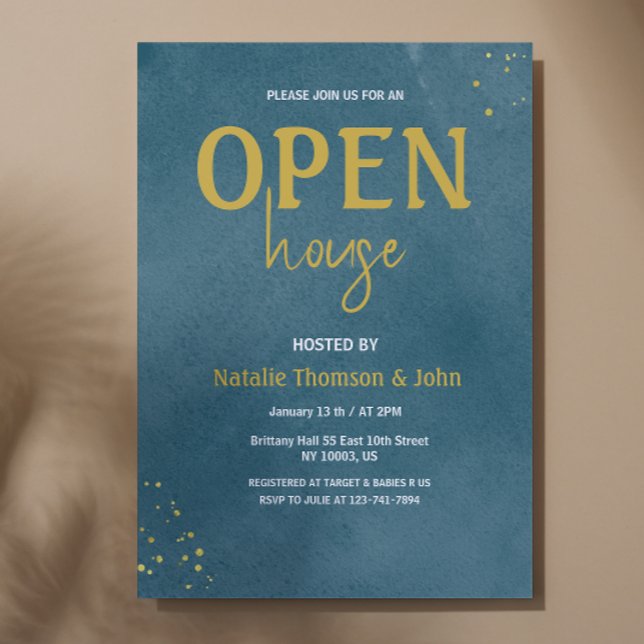 Invitación Casa Abierta Azul Marino con Brillo Dorado (open House Navy Blue Sprinkle Gold Invitation )