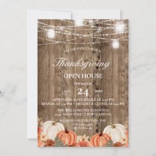 Invitación Casa abierta de Acción de Gracias con madera rústi