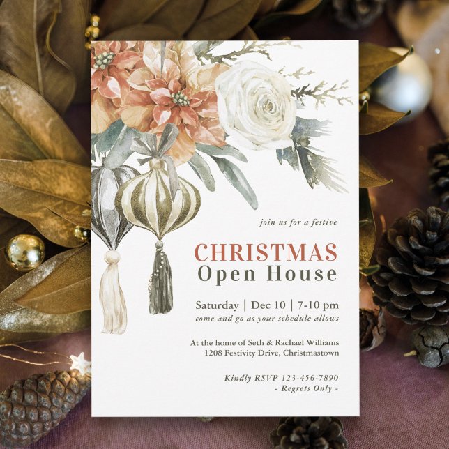 Invitación Casa abierta de acuarelas y adornos (Rustic elegance with holiday charm in this watercolor floral Christmas Open House  Party Invitation.)
