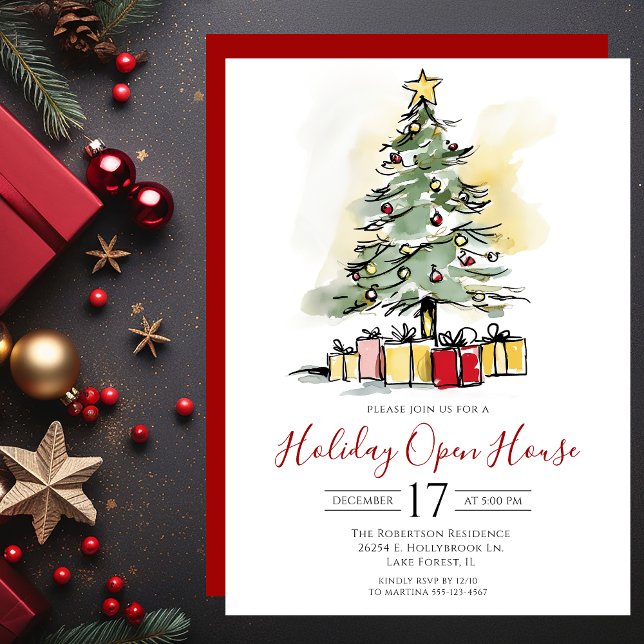Invitación Casa abierta de árbol de navidad acuarela moderna (Subido por el creador)