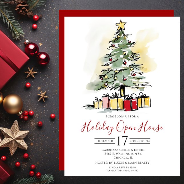 Invitación Casa abierta de árbol de navidad de acuarela comer (Subido por el creador)