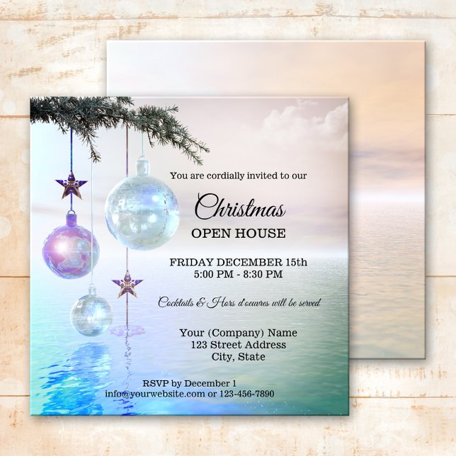 Invitación Casa abierta de Fiesta de Navidades encantados mág (Modern Christmas Holiday party invitation featuring festive sparkling Christmas baubles on an ocean)