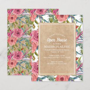Invitación Casa abierta de graduación Boho floral rosa Kraft 