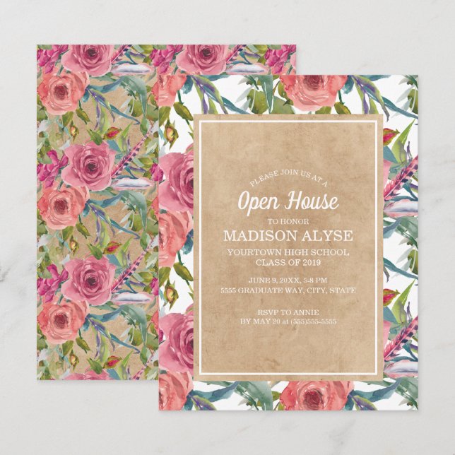 Invitación Casa Abierta de Graduación Floral de Boho Pink Boh (Anverso / Reverso)