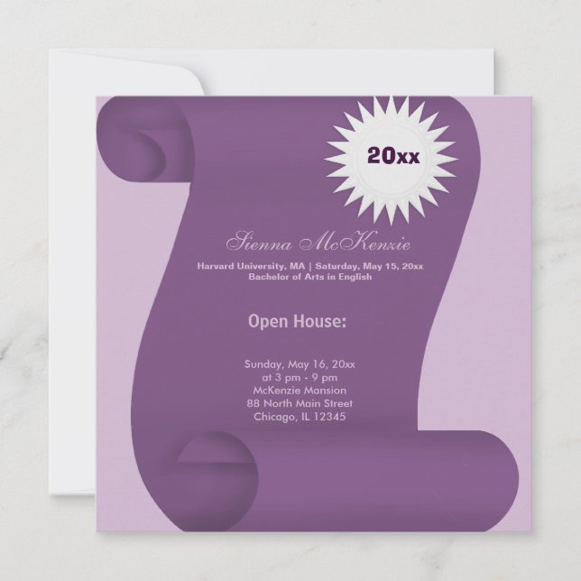 Invitación Casa abierta de graduación (Púrpura) (Anverso)