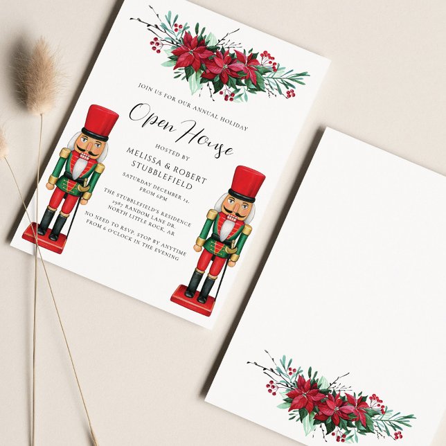 Invitación Casa abierta de los navidades Poinsettia Toy Nutcr (Toy Nutcracker Christmas Party Invitation)