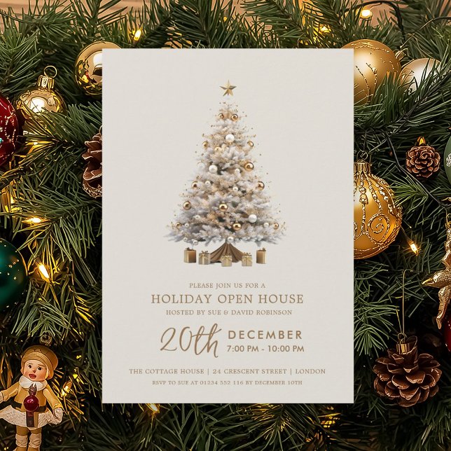 Invitación Casa Abierta de Navidad Árbol de Navidad Dorado (Christmas Holiday Open House Gold Xmas Tree Invitation)