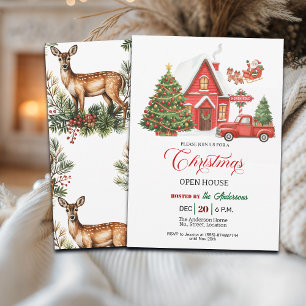 Invitación Casa Abierta de Navidad Camioneta Roja Vintage y C