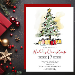 Invitación Casa abierta de Navidad con árbol de Navidad en ac