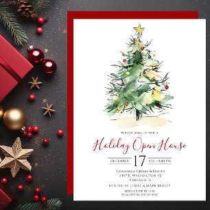 Invitación Casa Abierta de Navidad con árbol de Navidad en ac