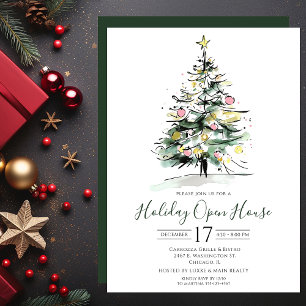 Invitación Casa abierta de Navidad con árbol de Navidad en ac