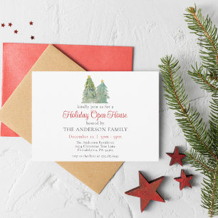 Invitación Casa Abierta de Navidad con árbol verde en acuarel