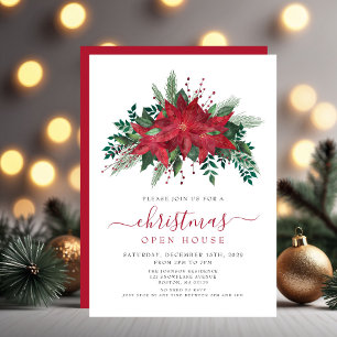 Invitación Casa Abierta de Navidad con Flor de Pascua Roja El