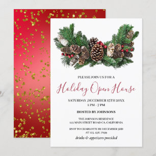 Invitación Casa Abierta de Navidad con Piña y Hojas de Pino