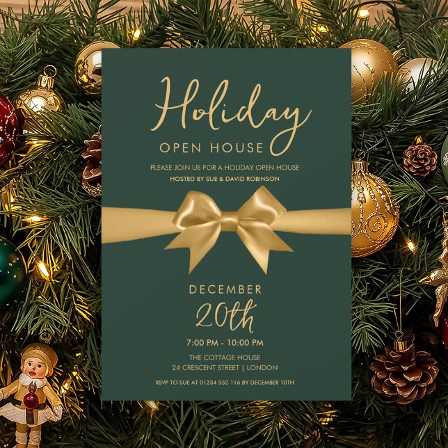Invitación Casa Abierta de Navidad en Oro con Arco Verde (Christmas Holiday Open House Gold Bow Green Invitation)