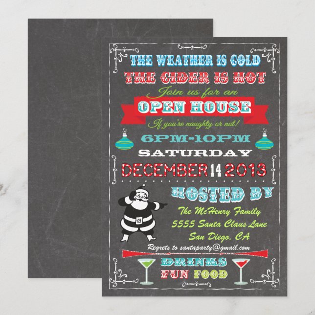 Invitación Casa Abierta de Navidad Superdivertida en Pizarra (Anverso / Reverso)