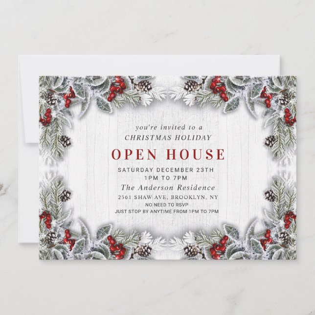 Invitación Casa abierta de Navidades de Holly Berry Pine Cone (Anverso)