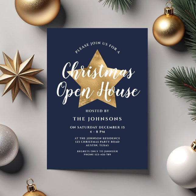 Invitación Casa abierta de Navidades de la Marina Azul (Festive Navy Blue Star Christmas Open House Invitation)