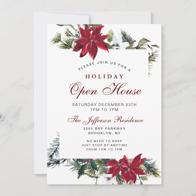 Invitación Casa abierta de Navidades de la Poinsettia Roja (Anverso)