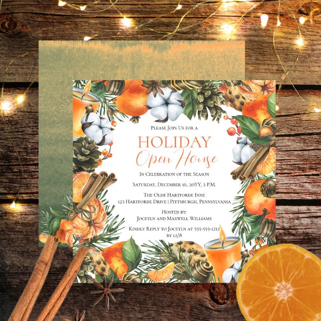 Invitación Casa abierta de Navidades de mandarinas y pinos (Tangerines and Pine Christmas Holiday Open House Invitation)