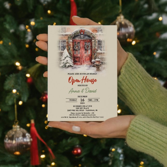 Invitación Casa abierta de Navidades de Nieve Rusa de Acuarel (Watercolor Rustic Snow Christmas Open House Invitation, Businesses & Realtors  office parties festiv)