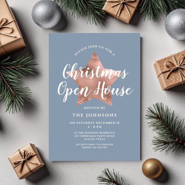 Invitación Casa abierta de Navidades Dusty Blue Rosa Gold Sta (Dusty Blue Rose Gold Star Christmas Open House Invitation)