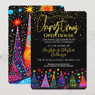Invitación Casa abierta de Navidades negros de oro coloridos