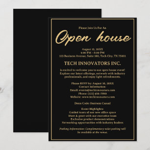 Invitación Casa Abierta de Negocios Elegante Moderno Negro y