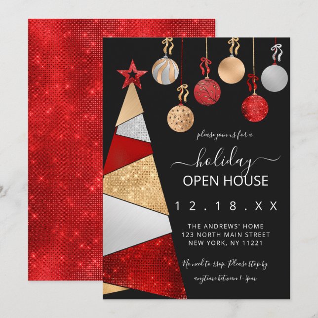 Invitación Casa abierta de Purpurinas rojos de árbol Ornament (Anverso / Reverso)