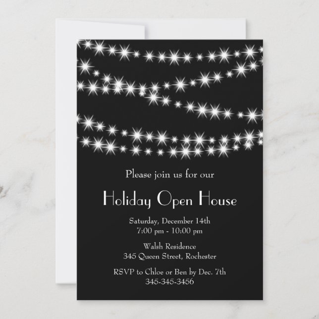 Invitación Casa abierta de Twinkle Lights Holiday (negro) (Anverso)