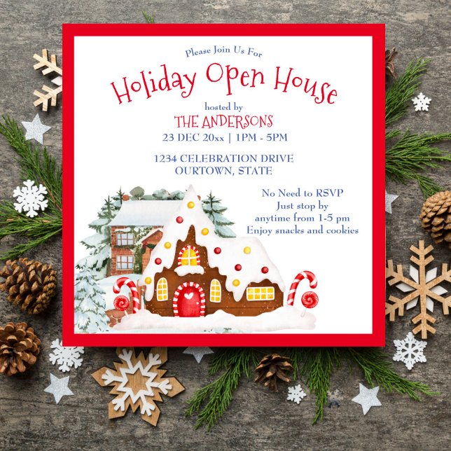 Invitación Casa abierta de vacaciones de jengibre (Ginger bread house holiday open house party editable template invitation digital download)