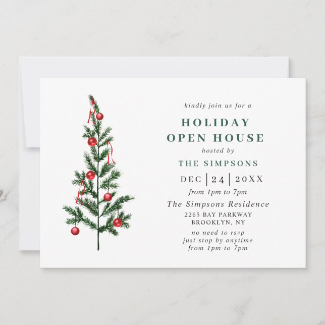 Invitación Casa abierta de vacaciones de Navidades de pino ac (Anverso)
