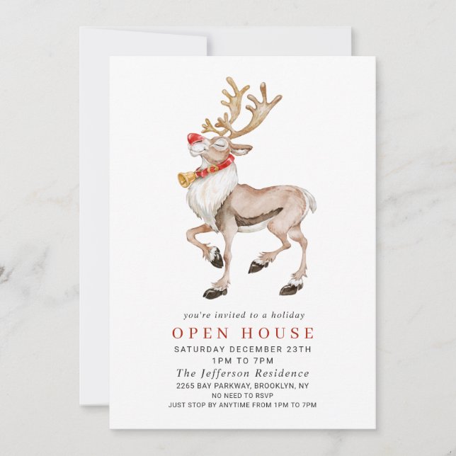 Invitación CASA ABIERTA DE VACACIONES DE NAVIDADES de renos d (Anverso)