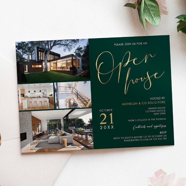 Invitación Casa Abierta de Volante de Propiedad Green & Gold  (Stylish business open house event photo collage invitation in emerald green and gold)
