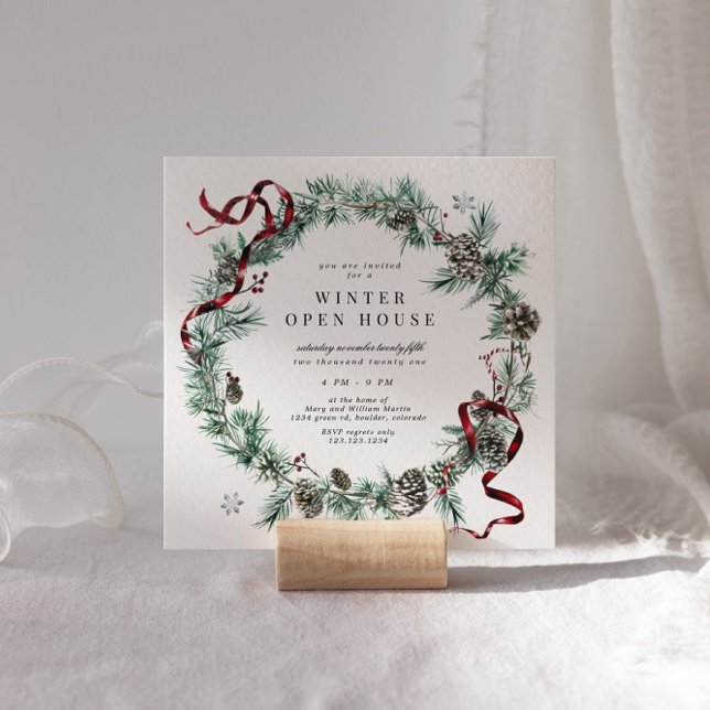 Invitación Casa abierta de Wreath Square Red Ribbon (Subido por el creador)