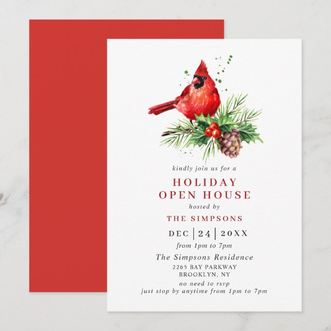 Invitación Casa abierta del cardenal Holly Berry Holiday Navi (Anverso / Reverso)