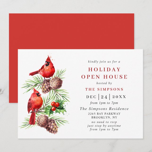 Invitación Casa abierta del cardenal Holly Berry Holiday Navi (Anverso / Reverso)