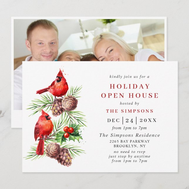 Invitación Casa abierta del cardenal Holly Berry Holiday Navi (Anverso / Reverso)