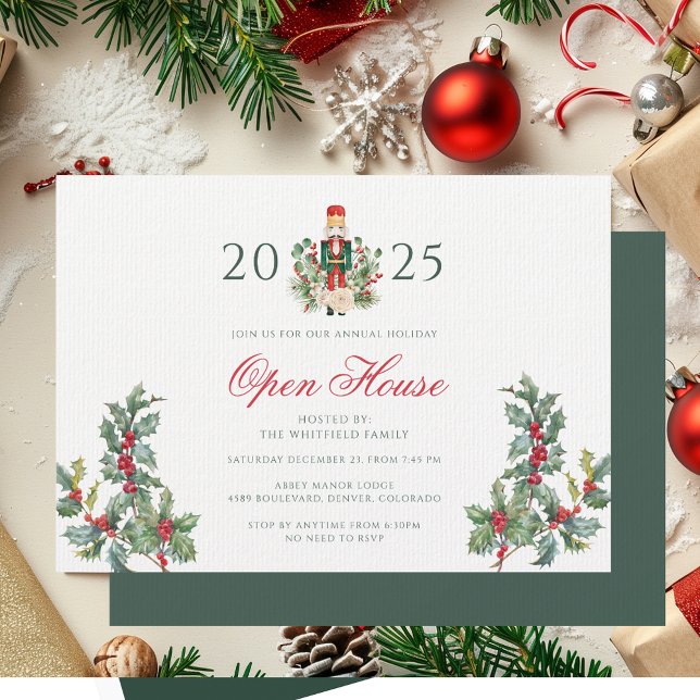 Invitación Casa Abierta del Cascanueces de Navidad Bayas Roja (Christmas Holidays Open House Party Invitation Red Berries with Nutcracker)