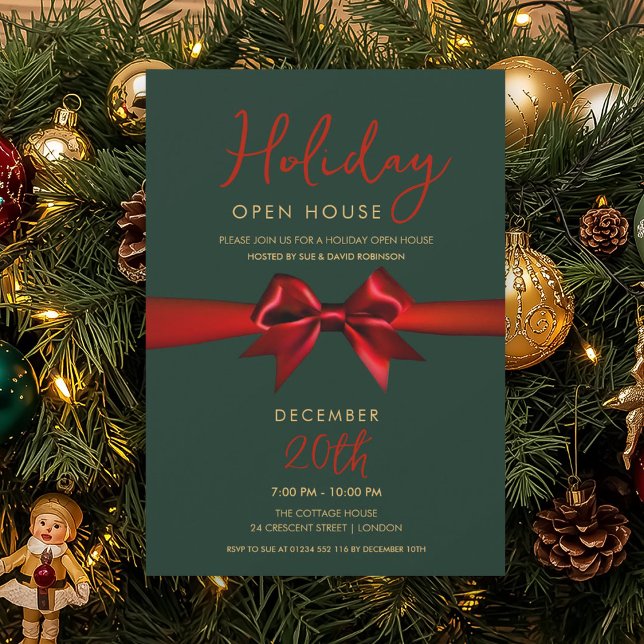 Invitación Casa Abierta en Navidad con Lazo Rojo Verde  (Christmas Holiday Open House Red Bow Green Invitation)
