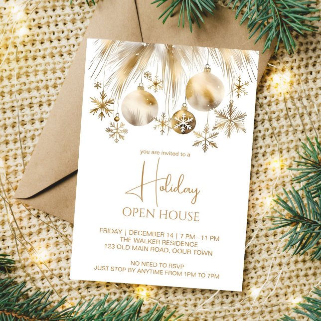 Invitación Casa abierta fiesta boho acuarela metálica (Open holiday house Christmas party editable template boho silver gold baubles pampas grass snowflake)